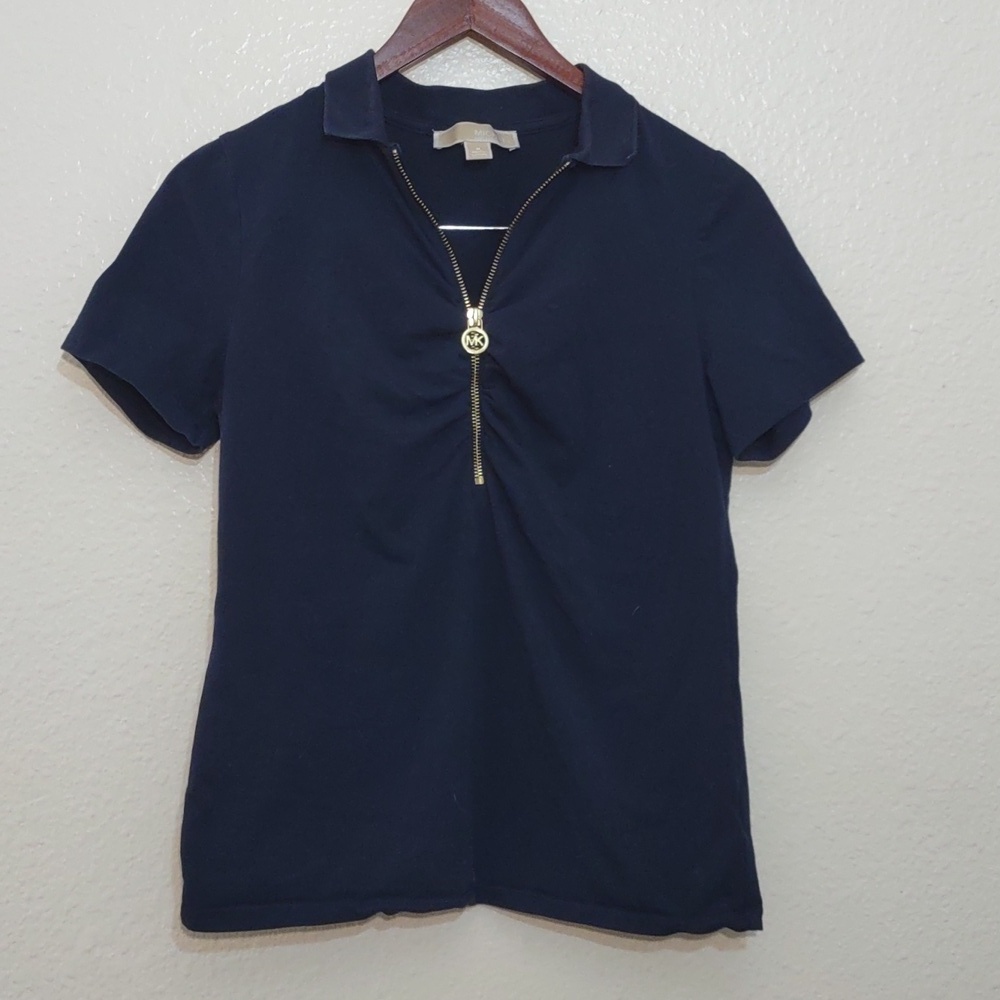 USED Michael Kors MK Ruched Half Zip Polo Shirt Navy Blue Size S Has Stain